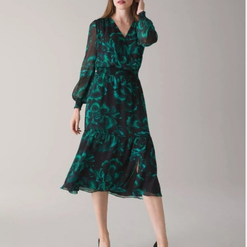White House Black Market long Sleeve Midi Black/Green Floral Dress Size 00 $170
